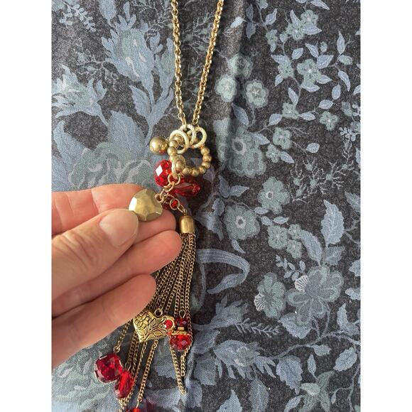 Vintage R.I. Bead & Comp Signed Long Goldtone Red Beaded Necklace Heart Charm - Picture 12 of 12
